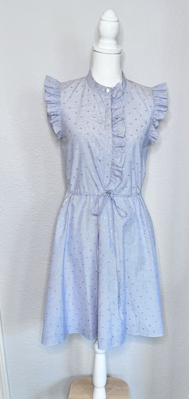 Ted Baker SZ 1 Beyonc Ruffle Trim A Line Blue Metallic Dress Classic